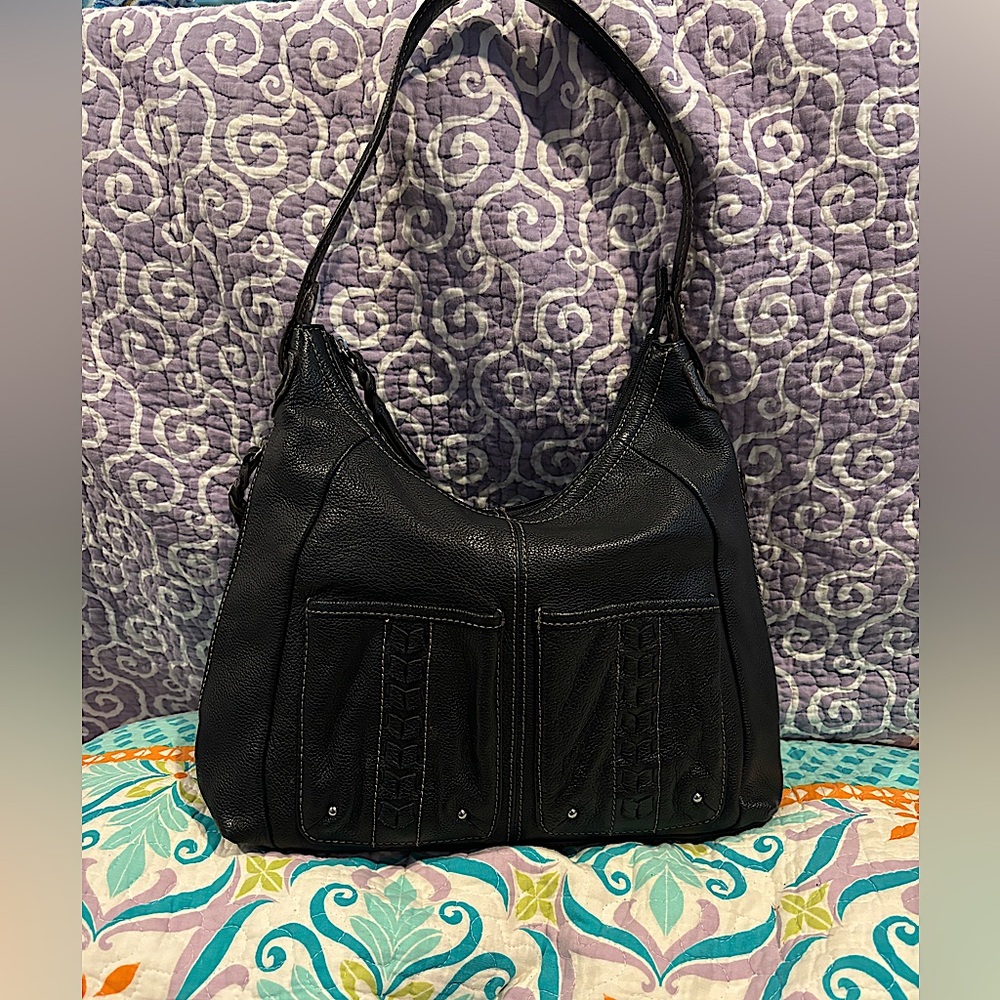 Tignanello Metallic Black Leather Shoulder Bag
